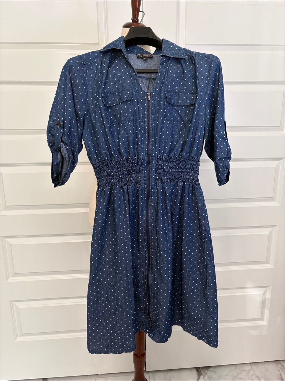 J. Jill Navy Polka Dot Zip-Front Mini Dress